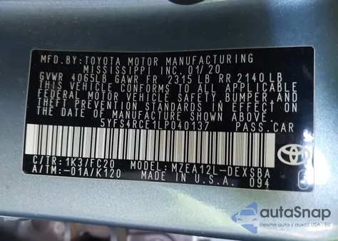 2020 Toyota Corolla Se z USA, uszkodzony, nr VIN 5YFS4RCE1LP040137